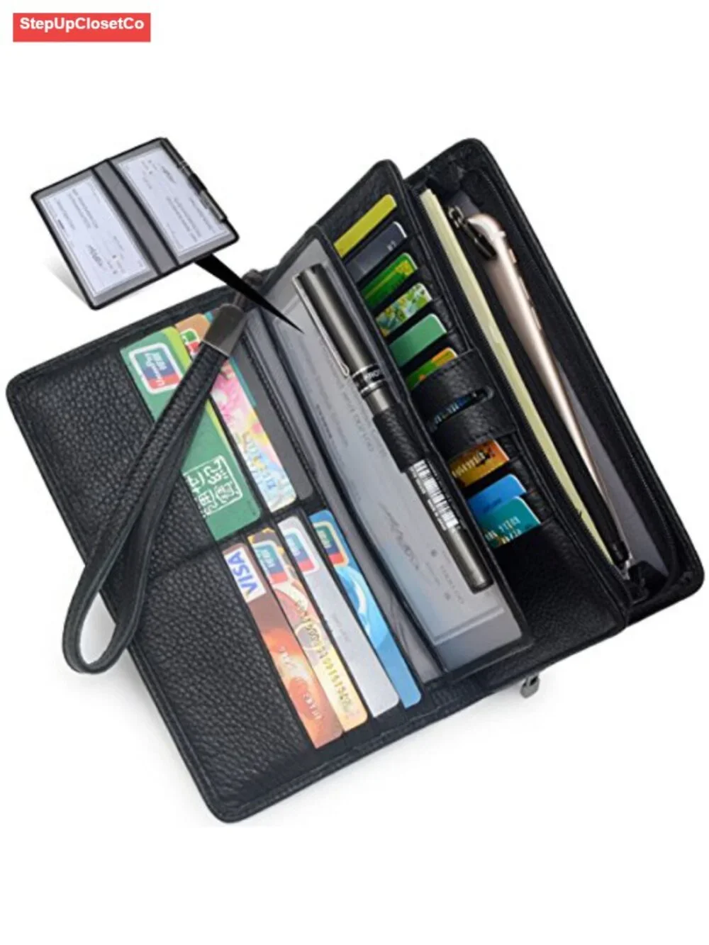 Genuine Leather RFID Blocking Wristlet Wallet Organizer with Removable